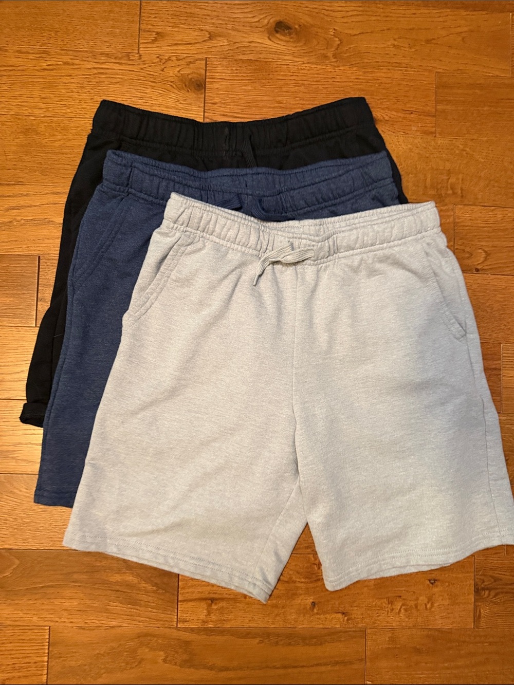 3 pair bundle children’s athletic Drawstring Shorts - grey, Navy, Black XL14